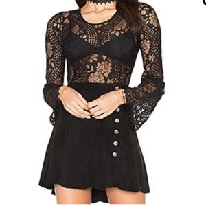 Band of Gypsies Black Lace Bodysuit w Long Full Sleeves,Open Back w Long Ties  L